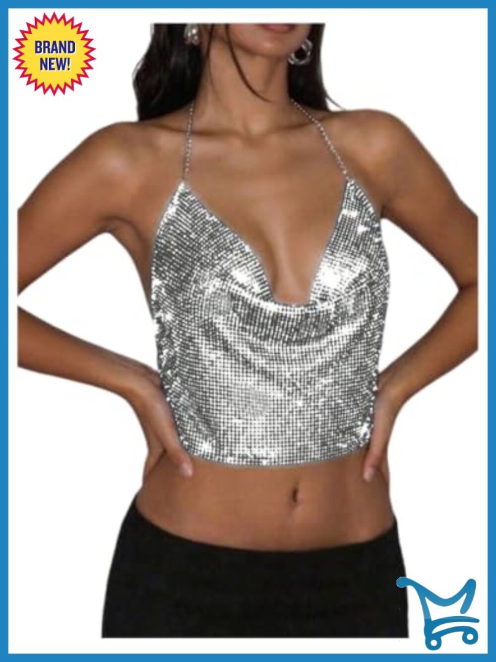 Metallic Draped Halter Crop Camisole Sleeveless Backless Party Club Top